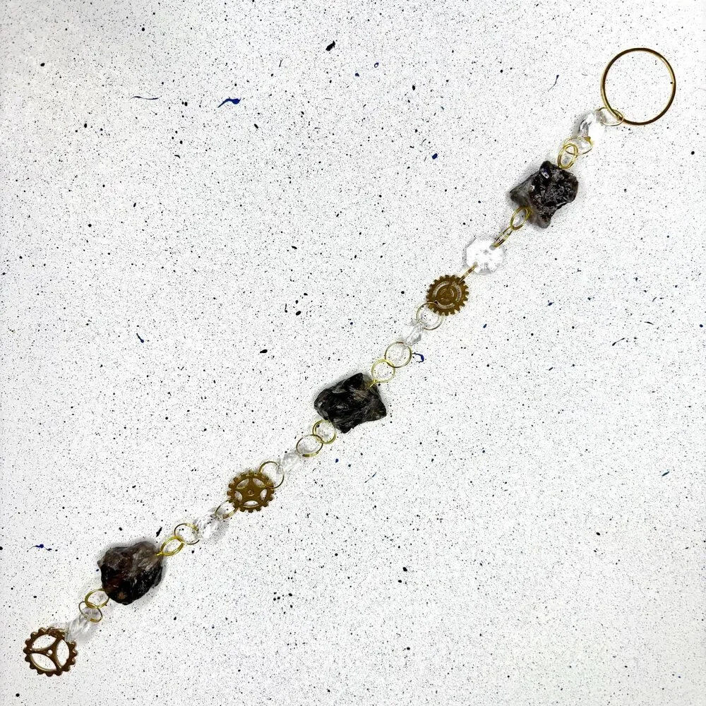 Raw Smoky Quartz Hanging | Steampunk Gear Charm | Grounding Stone Stress Relief